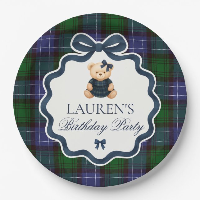 Plato De Papel Preppy Coquette Bow Bear Plaid Birthday  (Anverso)