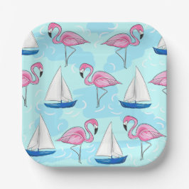 Plato De Papel Preppy de barco de vela azul Flamingo rosa