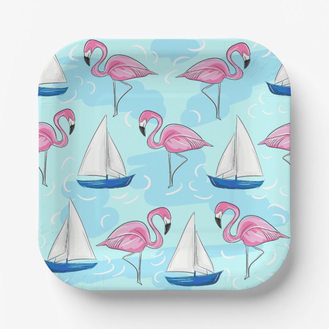 Plato De Papel Preppy de barco de vela azul Flamingo rosa (Anverso)