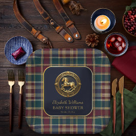 Plato De Papel Preppy Equestrian Rocke Horse Blue Baby Shower