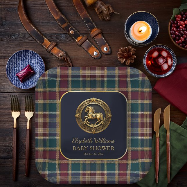 Plato De Papel Preppy Equestrian Rocke Horse Blue Baby Shower (Equestrian Rocking Horse Preppy Navy Blue and Plaid Boy Baby Shower Square Paper Plate)