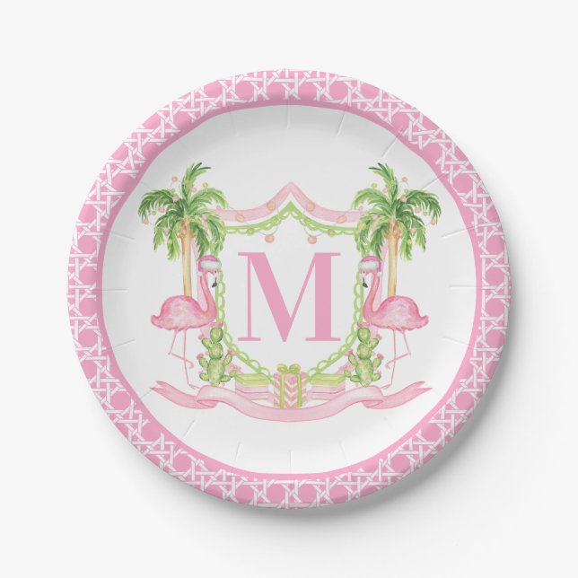 Plato De Papel Preppy Flamingo Christmas Crest (Anverso)