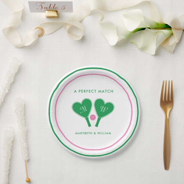 Plato De Papel Preppy Green and Pink Wedding Pickleball (Boda)