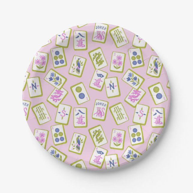Plato De Papel Preppy Mahjong Tiles on Pastel Pink (Anverso)