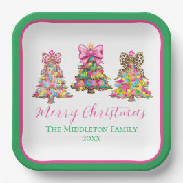 Plato De Papel Preppy Pink and Green Christmas Trees