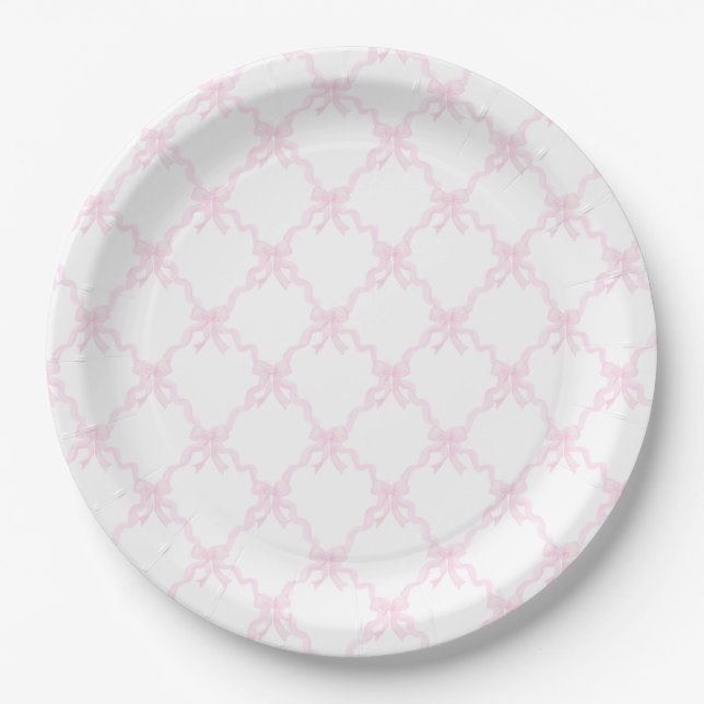Plato De Papel Preppy Pink Bows Trellis Primer Cumpleaños Ribbone (Anverso)