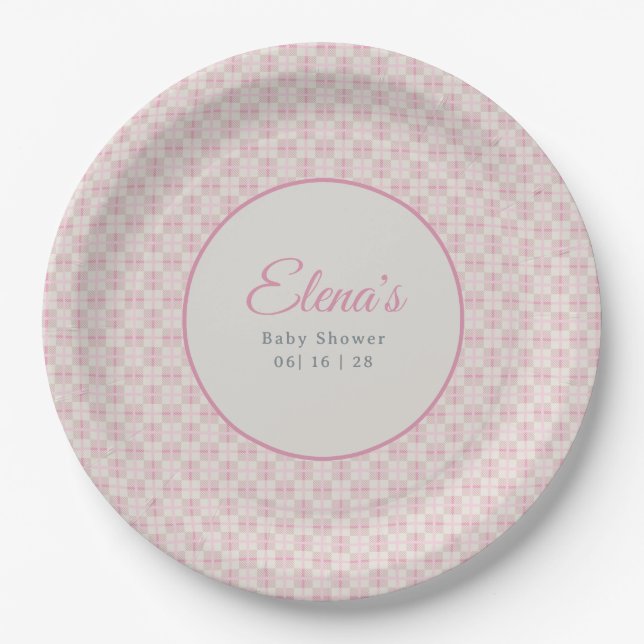 Plato De Papel Preppy Pink Plaid Baby Shower  (Anverso)