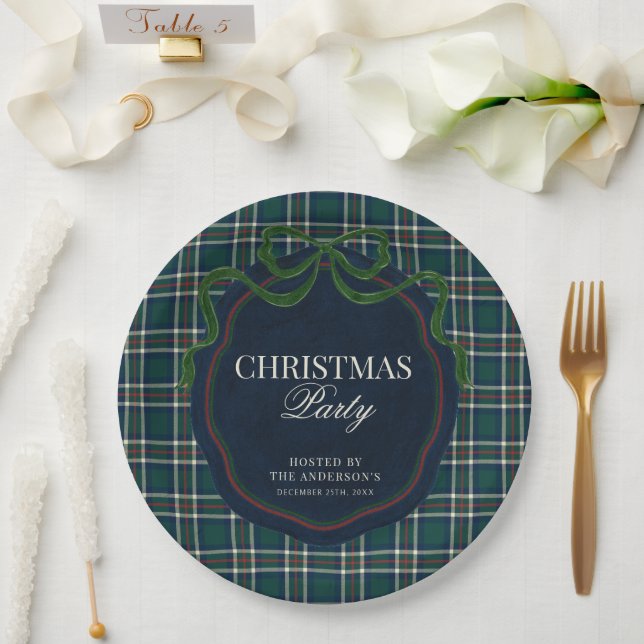 Plato De Papel Preppy Plaid Christmas Party Green Navy Tartan   (Boda)