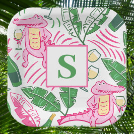 Plato De Papel Preppy Rosa Monograma de Cocodrilo / Amante del Vi