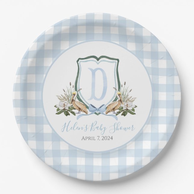 Plato De Papel Preppy Southern Blue Boy Pelican Baby Shower (Anverso)