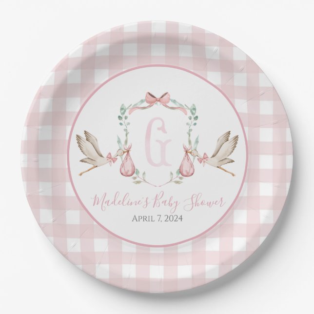 Plato De Papel Preppy Southern Chica Stork Baby Shower (Anverso)