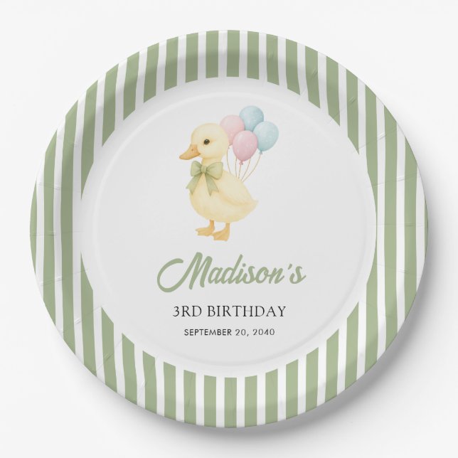 Plato De Papel Preppy Stripes Cute Duck Theme Kids Birthday Party (Anverso)