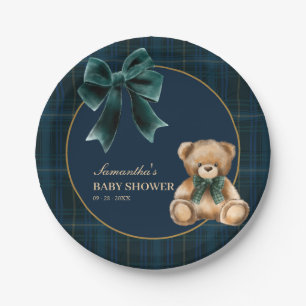 Plato De Papel Preppy Teddy Bear Fiesta de Bebé de Cuadro Verde  