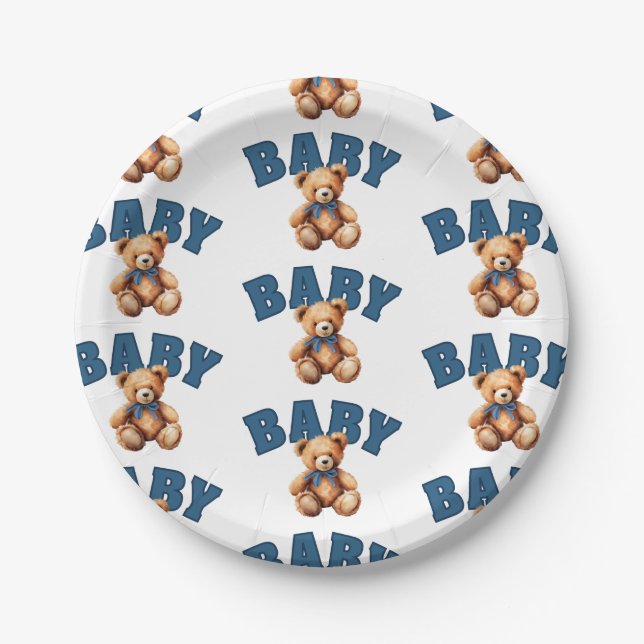 Plato De Papel Preppy Varsity Teddy Bear Baby Shower (Anverso)