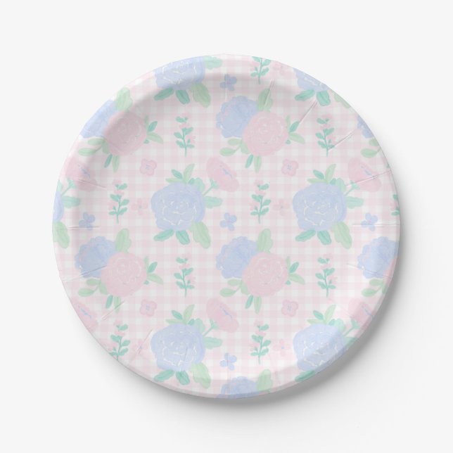 Plato De Papel Preppy Watercolor Floral Gingham Birthday (Anverso)