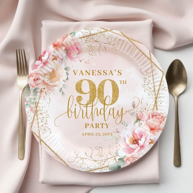 Plato De Papel Pretty Blush Floral Gold Frame 90th Birthday Party (Pretty Blush Floral Gold Frame 90th Birthday Party Plate)