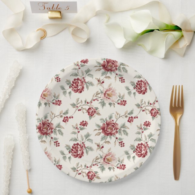 Plato De Papel Pretty Chic Red Cream Floral Wedding (Boda)