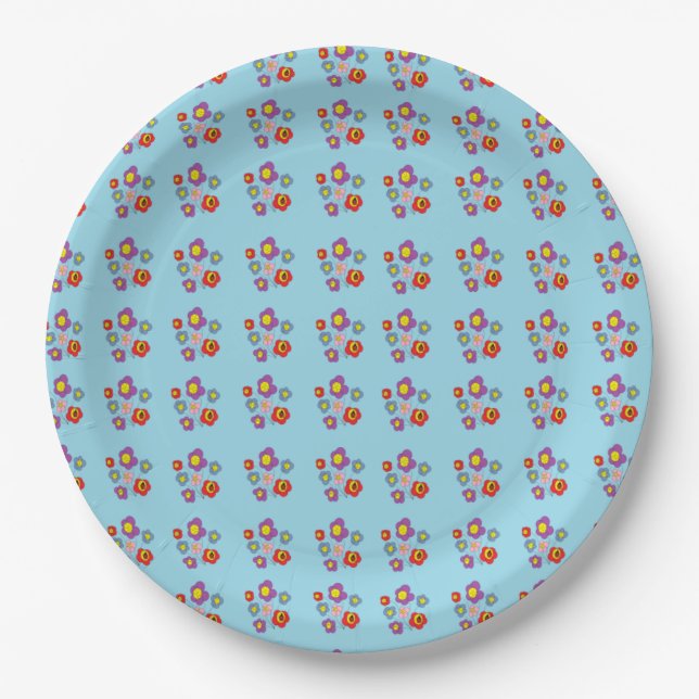 Plato De Papel Pretty Ladybug and Flowers Light Blue Pattern (Anverso)