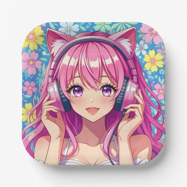 Plato De Papel Pretty Pink Anime Girl's Birthday Party (Anverso)