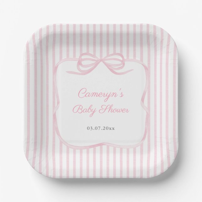 Plato De Papel Pretty Pink Ribbon Bow Baby Shower For Girl Party (Anverso)