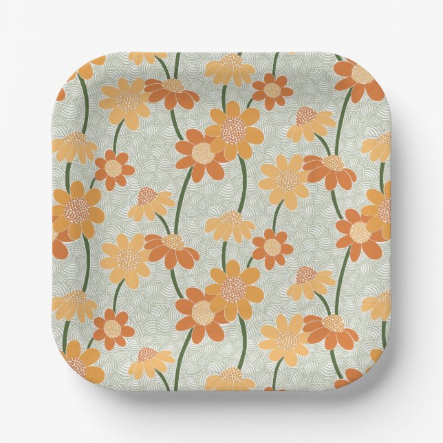 Plato De Papel Pretty retro muted 1970s flowers (Anverso)