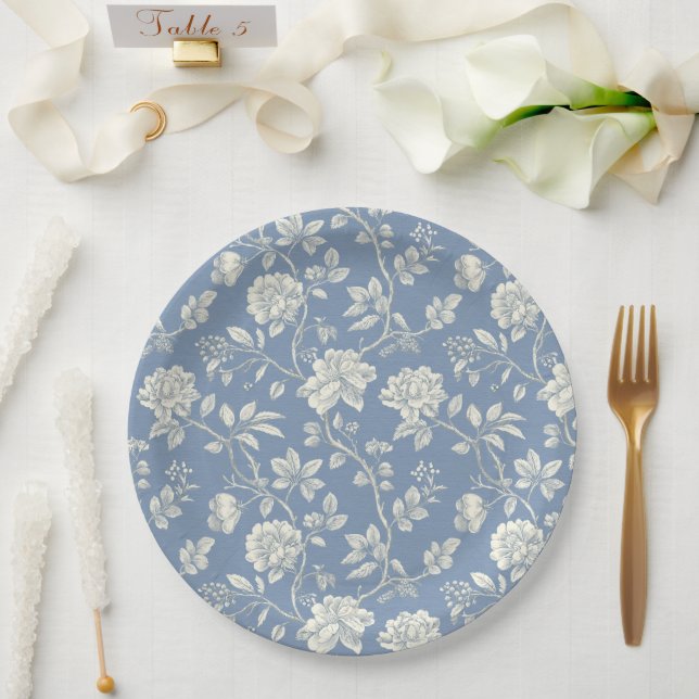 Plato De Papel Pretty Romantic Blue Cream Flowers Bridal Shower (Boda)