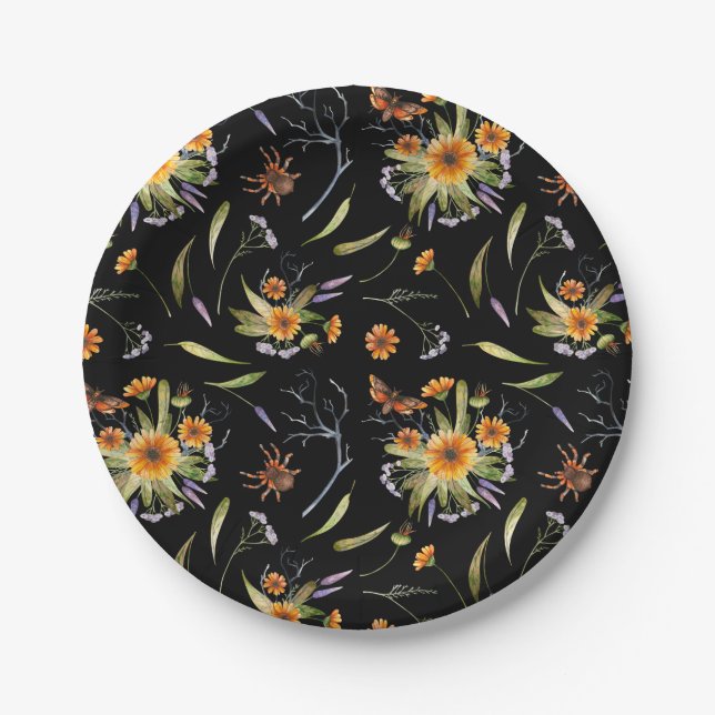 Plato De Papel Pretty Spooky: Halloween Flowers, Spiders and Moth (Anverso)