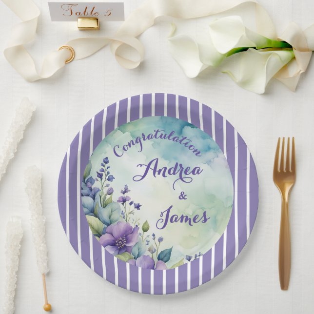 Plato De Papel Pretty Stripped Lavender and Floral (Boda)