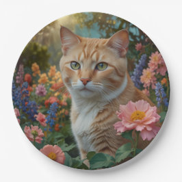 Plato De Papel Pretty white orange cat in floral garden