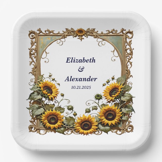Plato De Papel Pretty Yellow sunflower with art frame wedding  (Anverso)