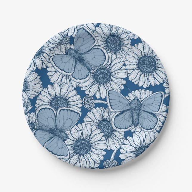 Plato De Papel Primavera azul, flores silvestres, margaritas (Anverso)