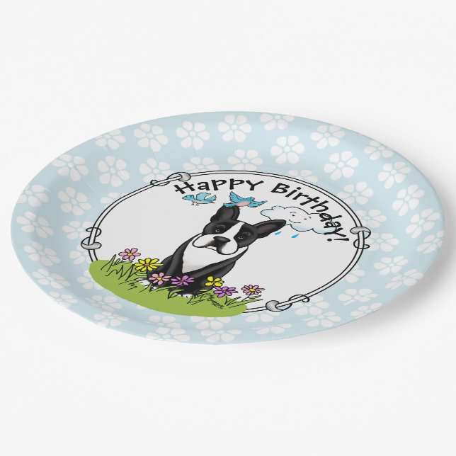 Plato De Papel Primavera Boston Terrier (negro) Perro lindo (Angular)