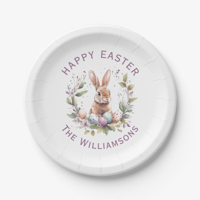 Plato De Papel Primavera Bunny Easter Egg Wreath personalizado (Anverso)
