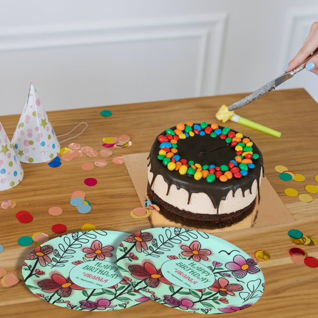 PLATO DE PAPEL PRIMAVERA ÚNICA DOODLE ROJO FLORES CUMPLEAÑOS (Subido por el creador)