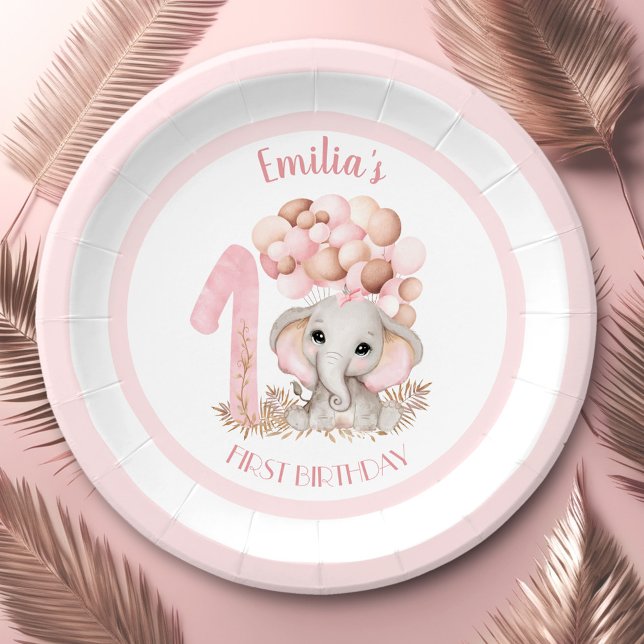 Plato De Papel Primer Chica de cumpleaños lindo elefante rosa (First Birthday Girl Cute Elephant Pink Paper Plates)