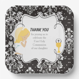 Plato De Papel Primer Chica rubio de la comunidad Damasco negro