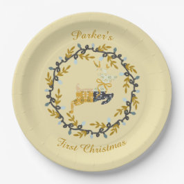 Plato De Papel Primer Ciervo de Navidad con Corona Amarillo Suave