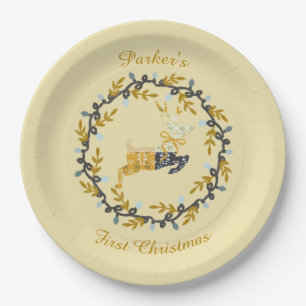 Plato De Papel Primer Ciervo de Navidad con Corona Amarillo Suave