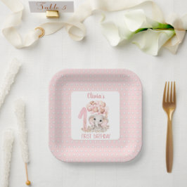 Plato De Papel Primer cumpleaños Chica Elephant Pink