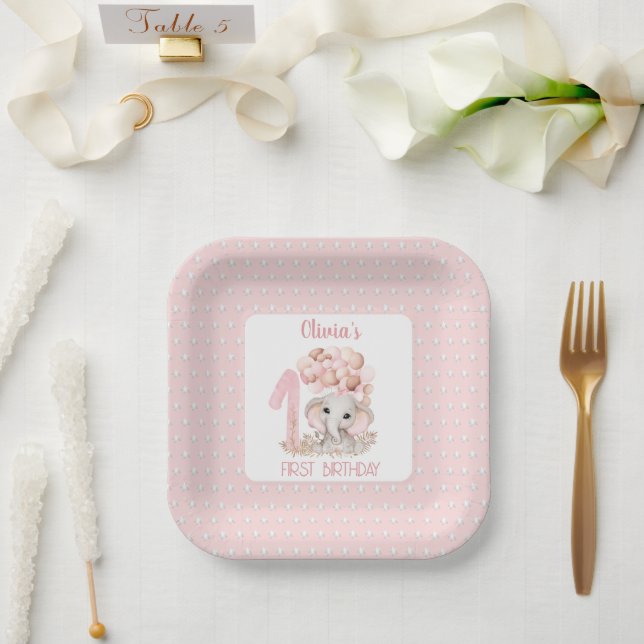 Plato De Papel Primer cumpleaños Chica Elephant Pink (Boda)