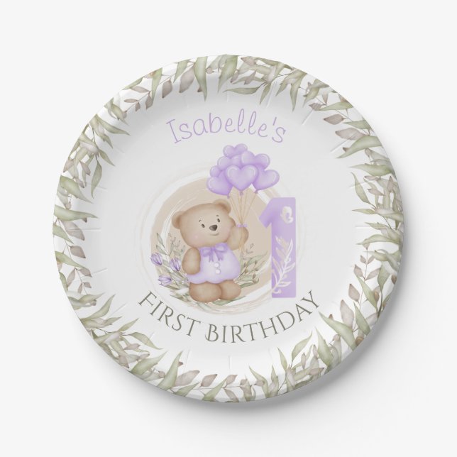 Plato De Papel Primer cumpleaños Cute Teddy Bear Heart Balloons (Anverso)