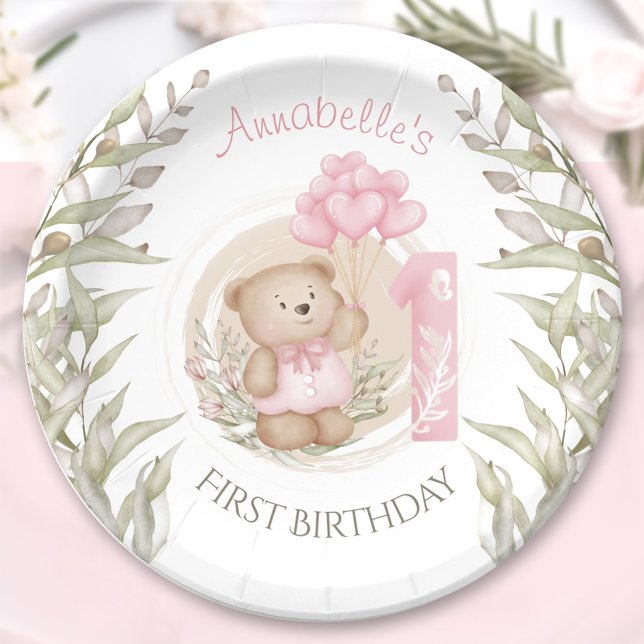 Plato De Papel Primer cumpleaños Cute Teddy Bear Heart Balloons (First Birthday Cute Teddy Bear Heart Balloons Paper Plates)