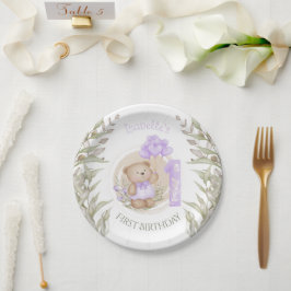 Plato De Papel Primer cumpleaños Cute Teddy Bear Heart Balloons