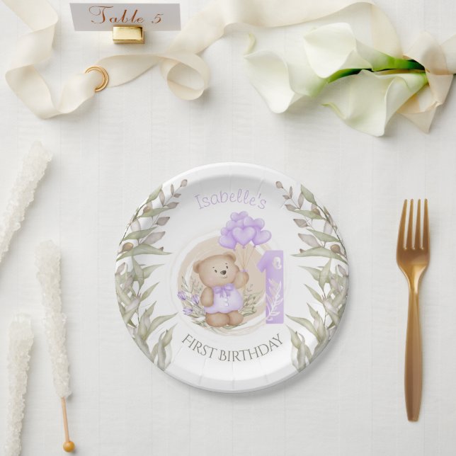 Plato De Papel Primer cumpleaños Cute Teddy Bear Heart Balloons (Boda)