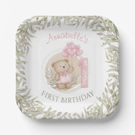 Plato De Papel Primer cumpleaños Cute Teddy Bear Heart Balloons