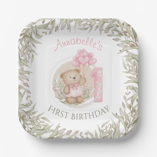 Plato De Papel Primer cumpleaños Cute Teddy Bear Heart Balloons (Anverso)