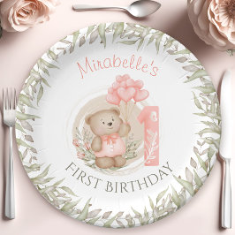 Plato De Papel Primer cumpleaños Cute Teddy Bear Peach