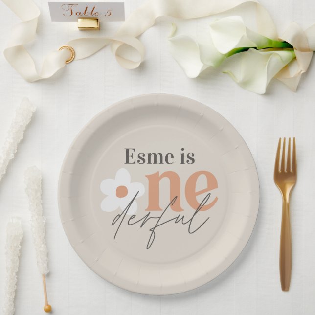 Plato De Papel Primer cumpleaños daisy boho retro terracotta natu (Boda)