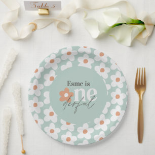 Plato De Papel Primer cumpleaños daisy boho retro turquesa naranj