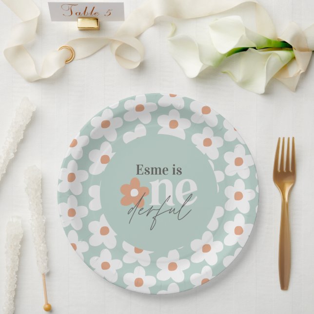Plato De Papel Primer cumpleaños daisy boho retro turquesa naranj (Boda)